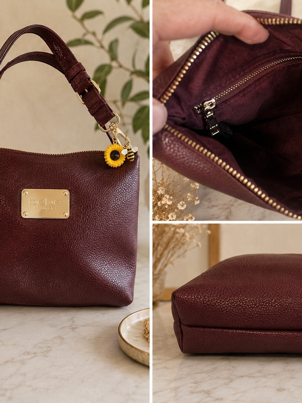 bebe Deep Burgundy Pebbled Shoulder Bag with Gold Plaque - Picture 2 of 2